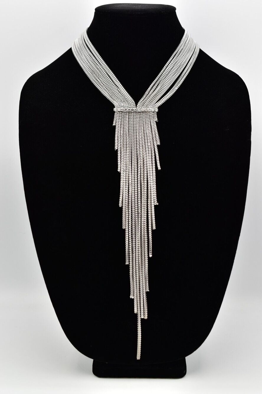 Vintage Y2K Fringe Necklace Crystal Multi-Chain Y-Drop Silver Tone Chunky Bin3B